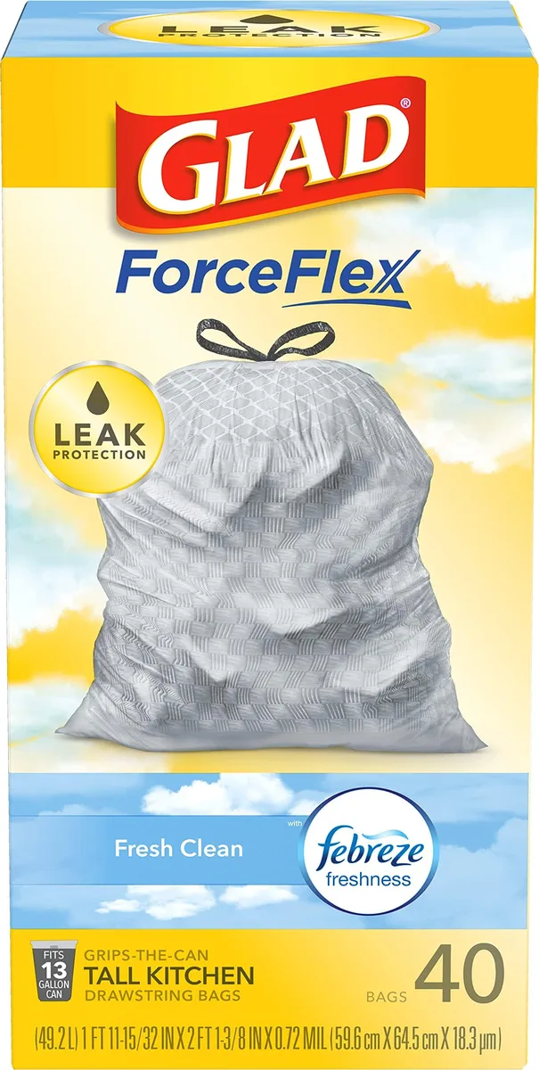 White rectangular box containing 40 grey drawstring kitchen trash bags