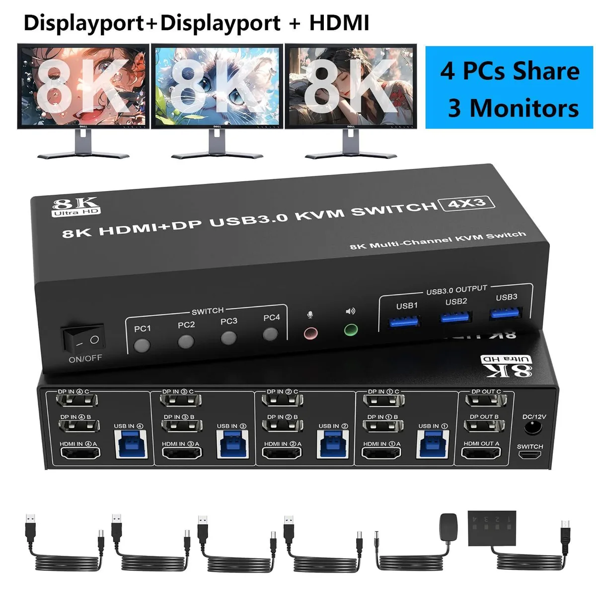 WRIARICH WRIARICH 4-Port Triple-Monitor KVM Switch 2DP+HDMI 8K60 4K144 — product photo