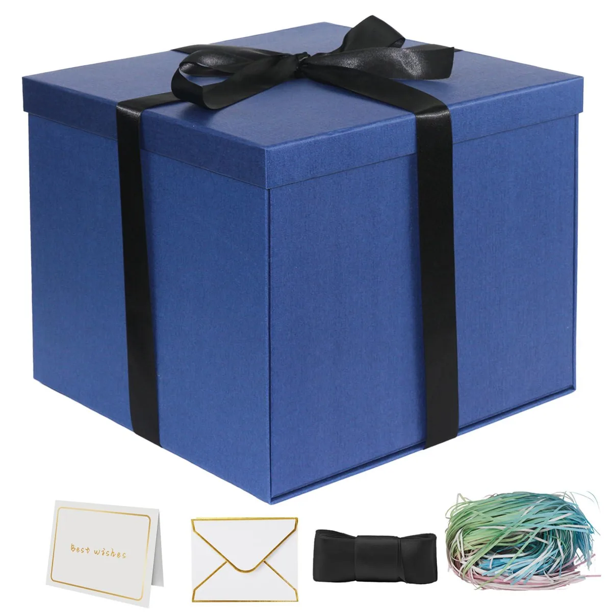  YINUOYOUJIA Large Gift Box 12x12x10 Inches Blue with Ribbon Card Shredded Paper — product photo