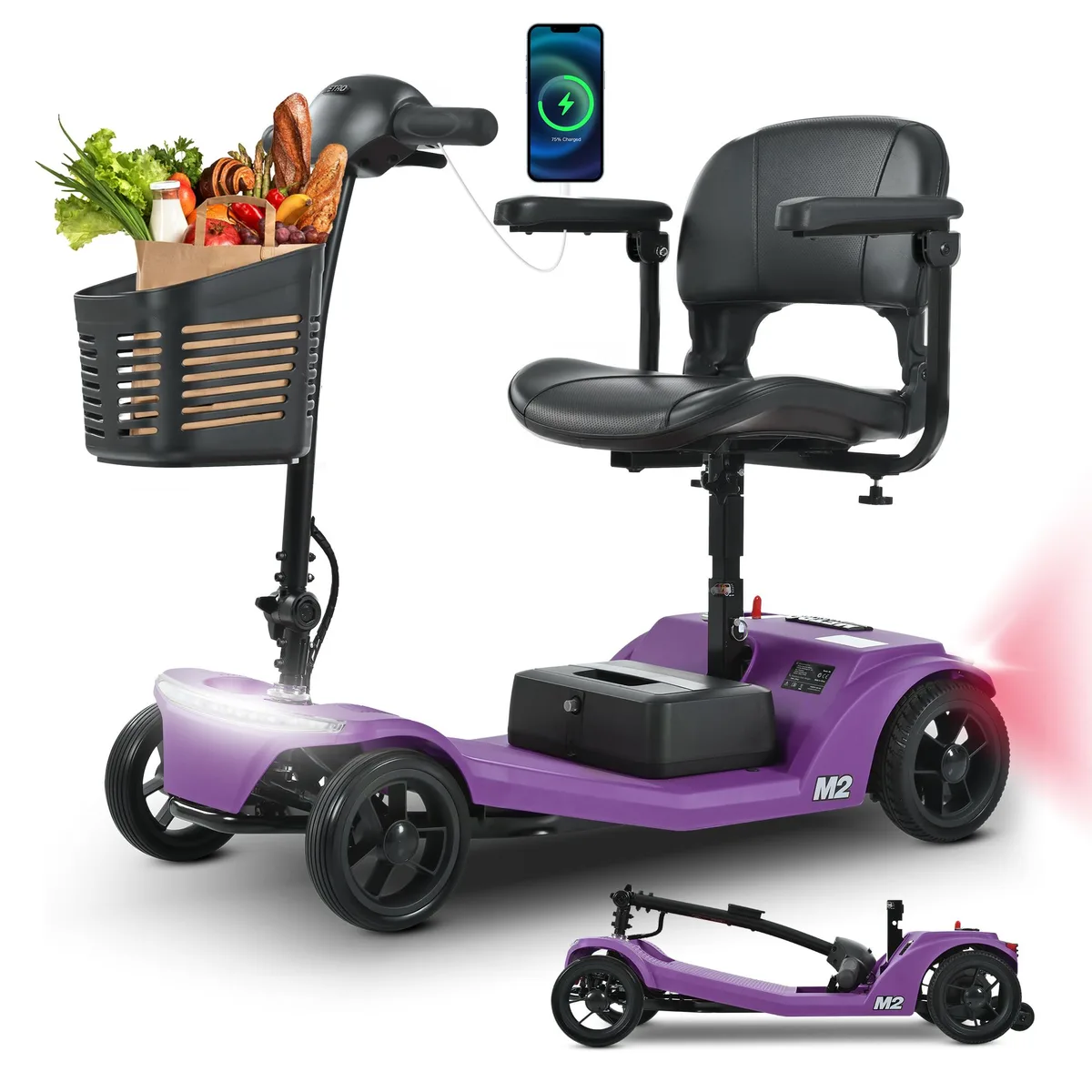 Purple four wheel mobility scooter with adjustable seat and LED lights