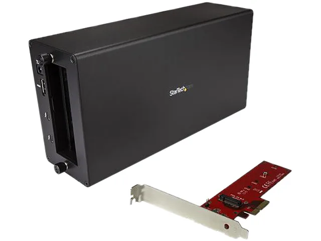 Black aluminium and steel enclosure with Thunderbolt 3 and DisplayPort connectors, includes 92mm fan