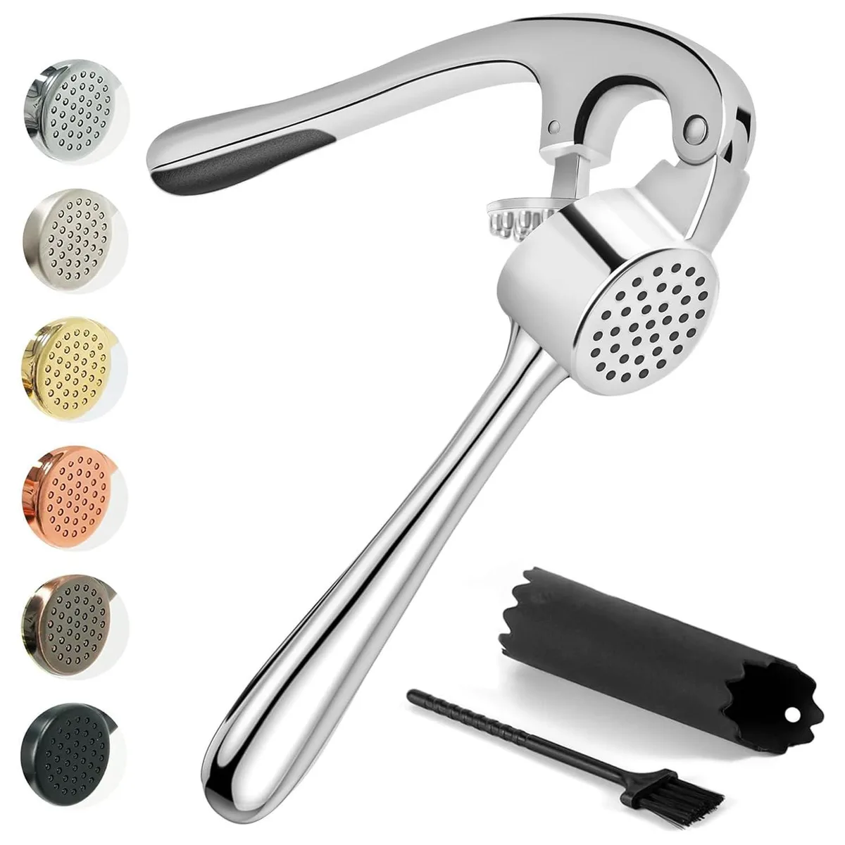 Silver zinc garlic press set with peeler tube and brush, 2 by 11 by 17 cm