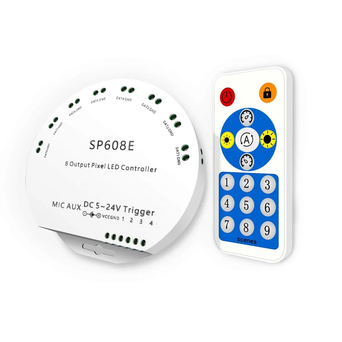 White rectangular controller with eight output ports and included RF remote