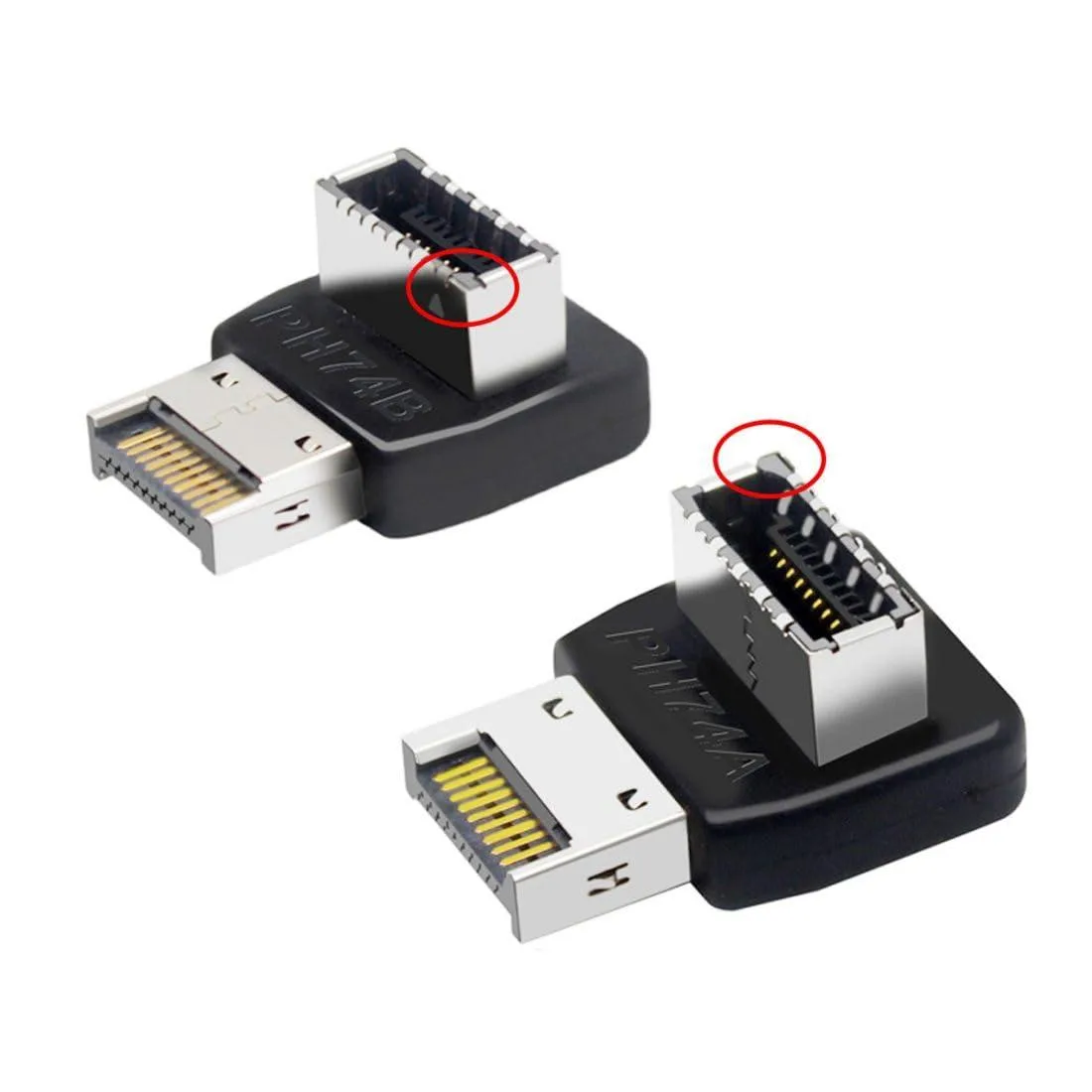 Two small right-angle USB 3.1 Type-E adapters, one angled up and one angled down, matte black plastic bodies with gold pins