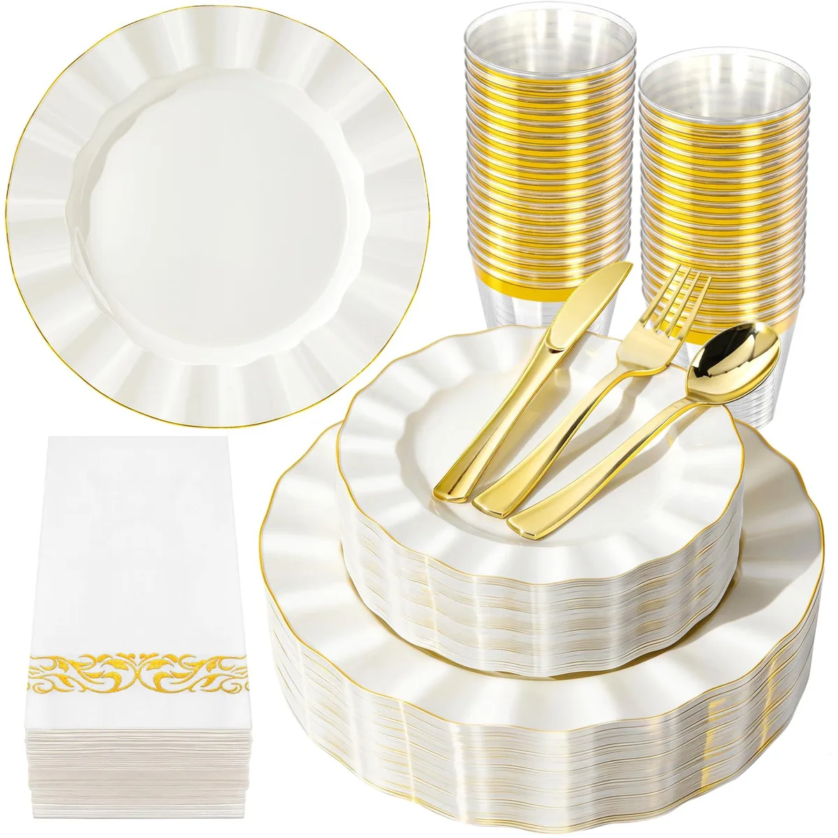 White and gold plastic dinnerware set in rectangular box, 175 pieces for 25 guests