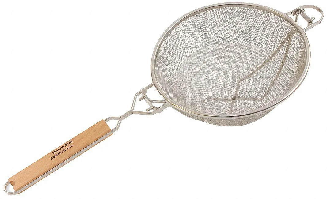 Stainless steel double mesh strainer 10 inch bowl 11 inch wood handle