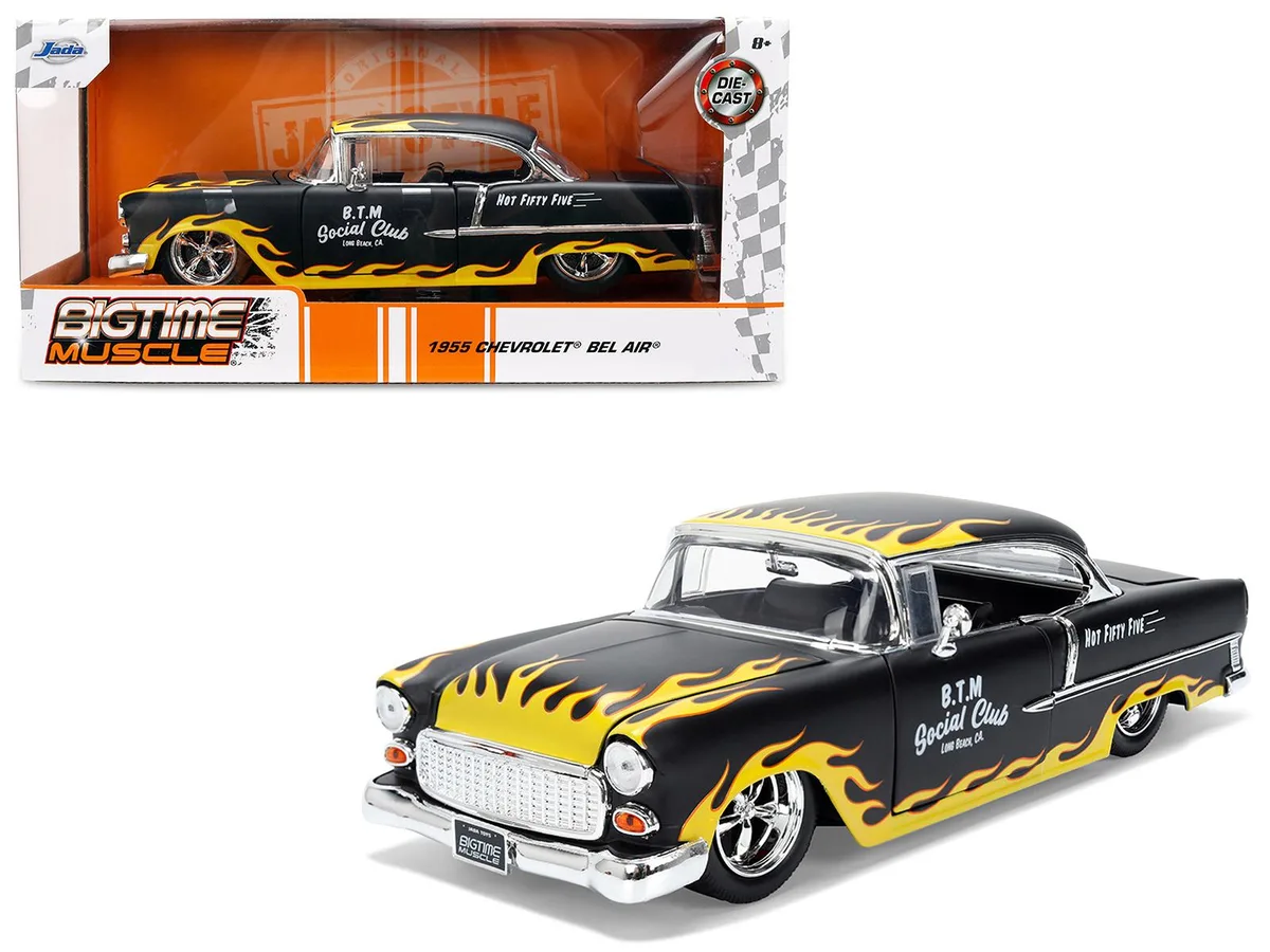 Jada Jada 1955 Chevrolet Bel Air BTM Social Club Matt Black with Flames Bigtime Muscle 1/24 Diecast Model Car — product photo