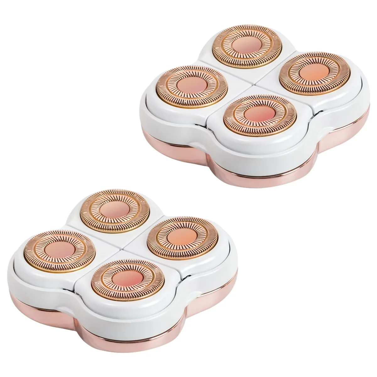 Two gold rotary shaver heads with cleaning brush