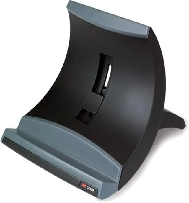 Black and silver vertical laptop riser with adjustable height and cable management