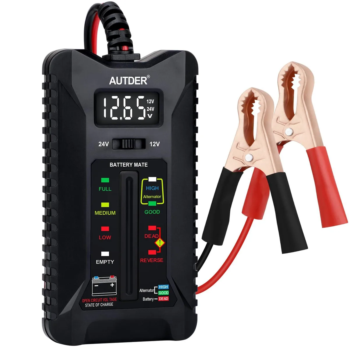 Compact rectangular tester with LCD screen LED lights and clamp cables