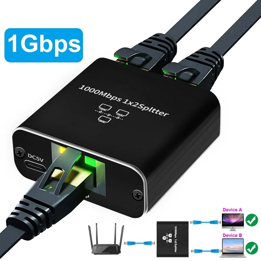 LUOM LUOM OZHW3 1-to-2 RJ45 Gigabit Ethernet Splitter with 80 cm USB Power Cable — product photo