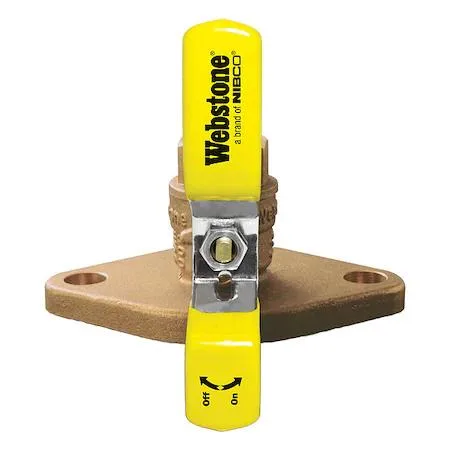 Brass three-way ball valve with lever handle, half-inch flanged connections, polished gold finish