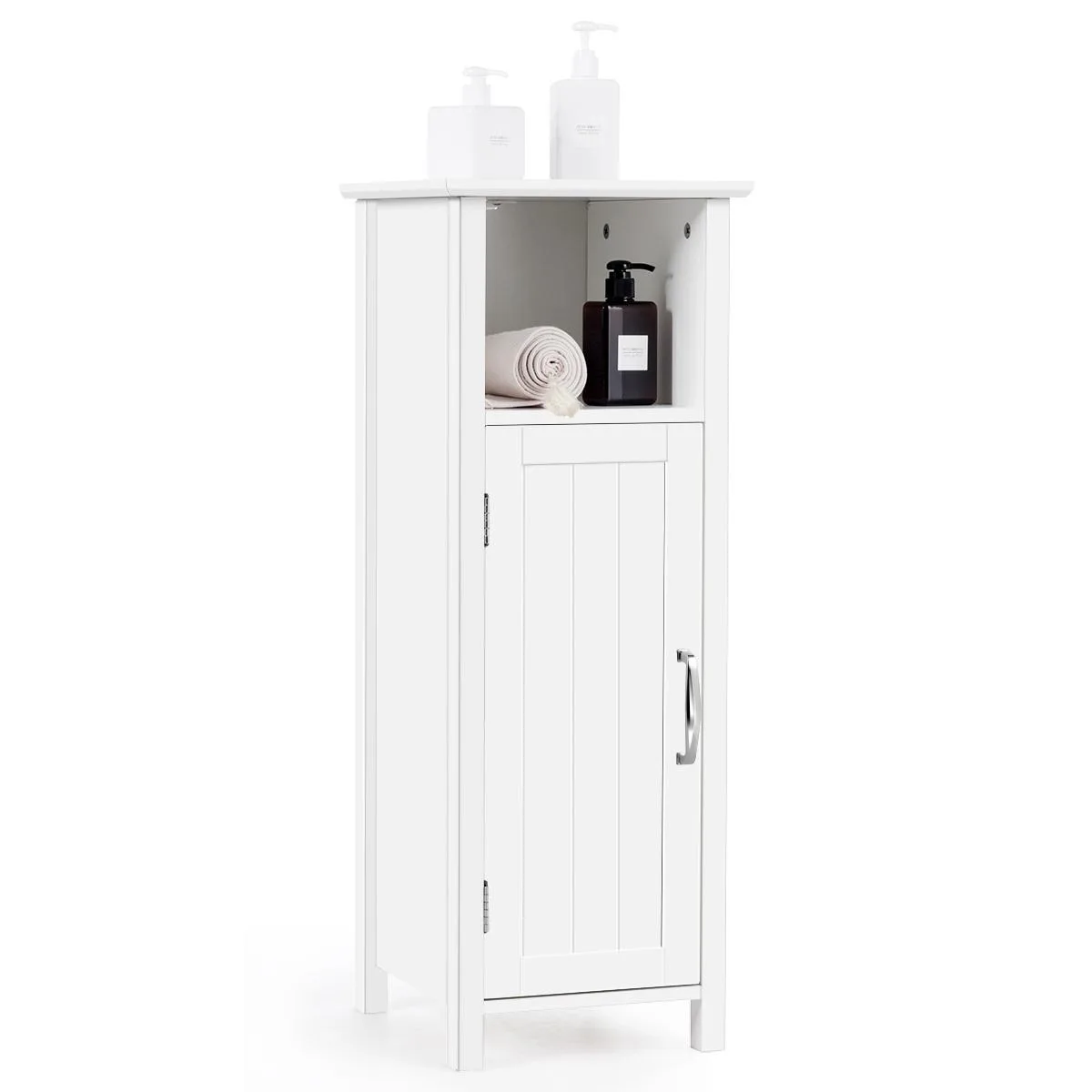 White freestanding bathroom cabinet with single door, open top shelf, and adjustable interior shelves