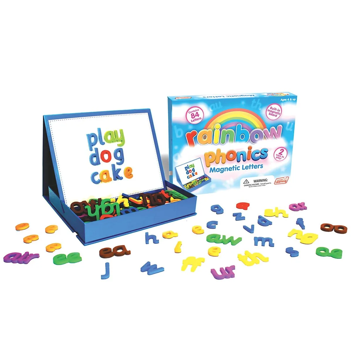 A compact box of multicoloured magnetic foam letters with a built-in board