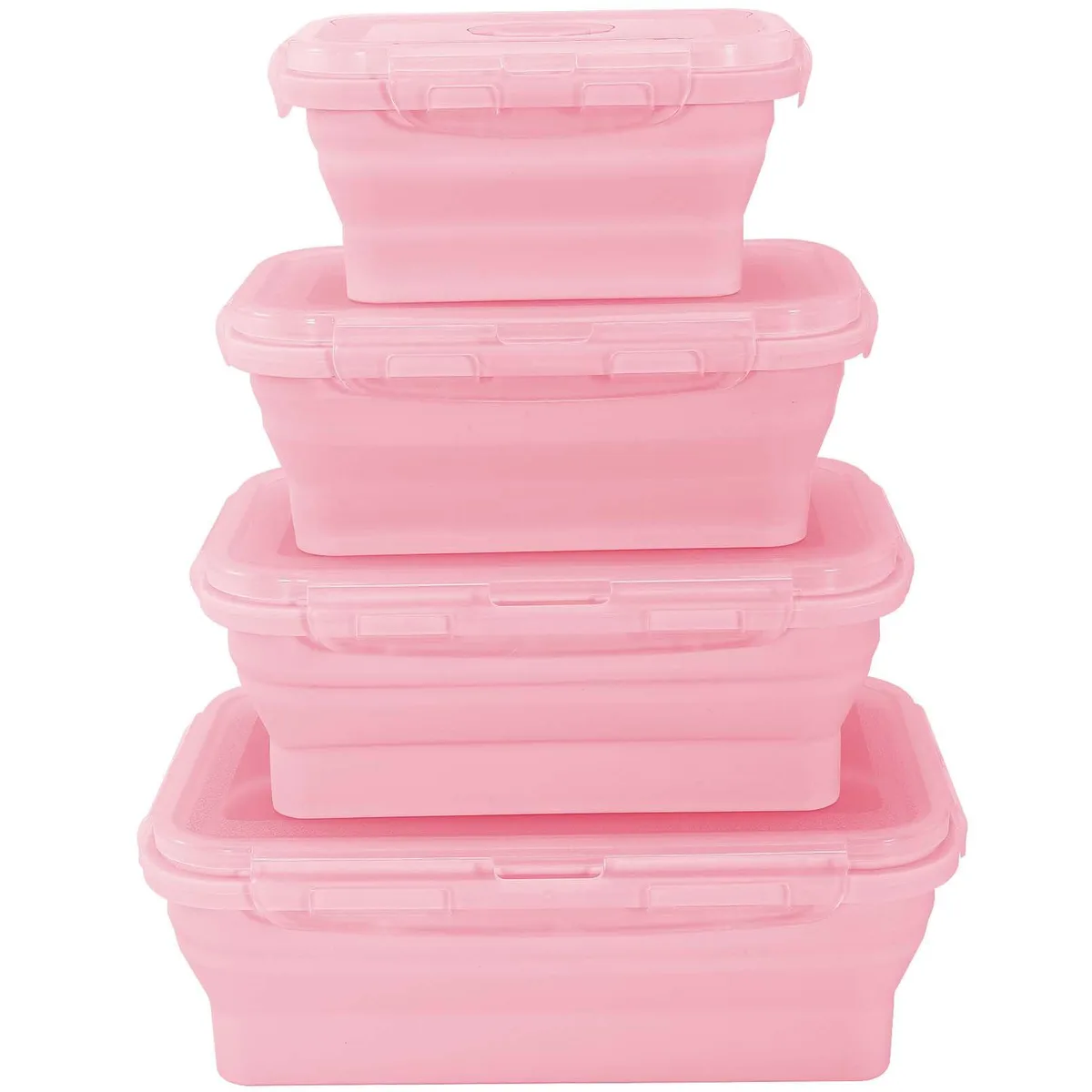 Four pink collapsible silicone containers with transparent snap-lock lids, shown expanded and stacked