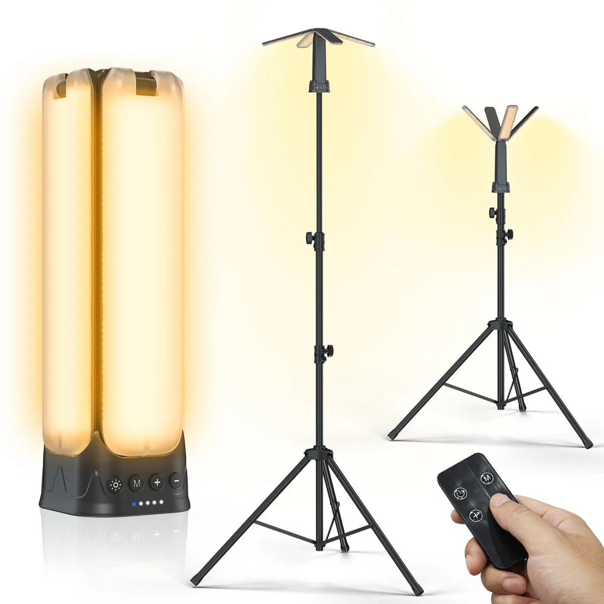 Telescopic camping lantern on extendable metal stand with four adjustable LED panels and remote control