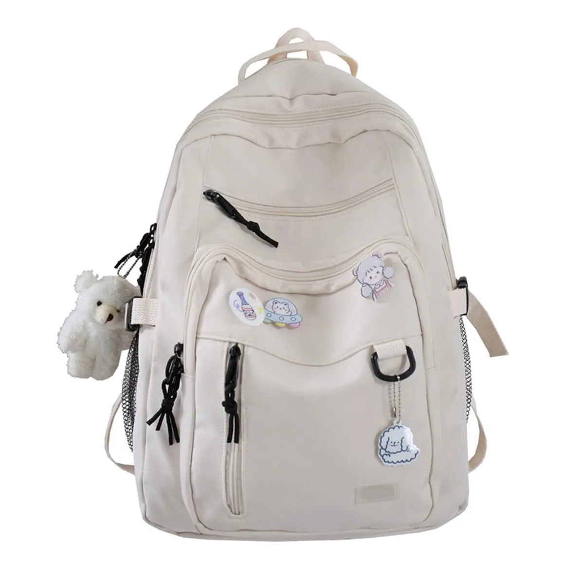 White nylon 22 inch daypack with 15.6 inch laptop compartment and bear pin
