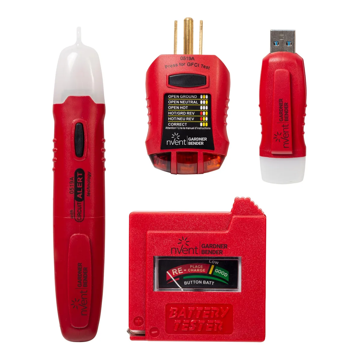Four electrical testers in a rectangular box, plastic bodies with probes and display screens