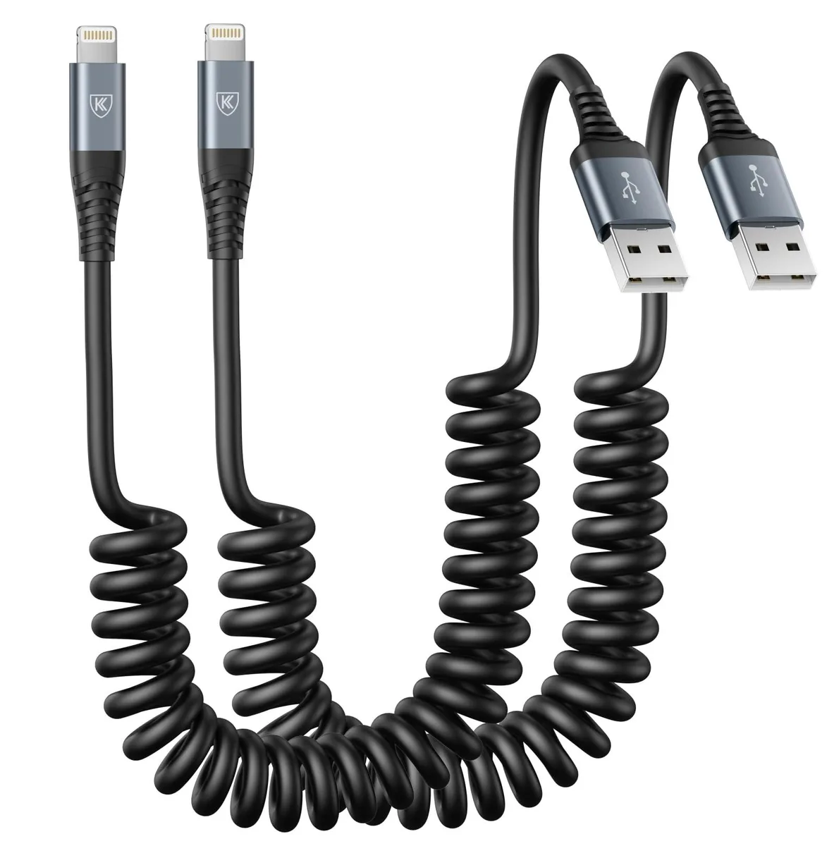 Two black coiled Lightning cables with USB-A connectors, spring design, six foot length
