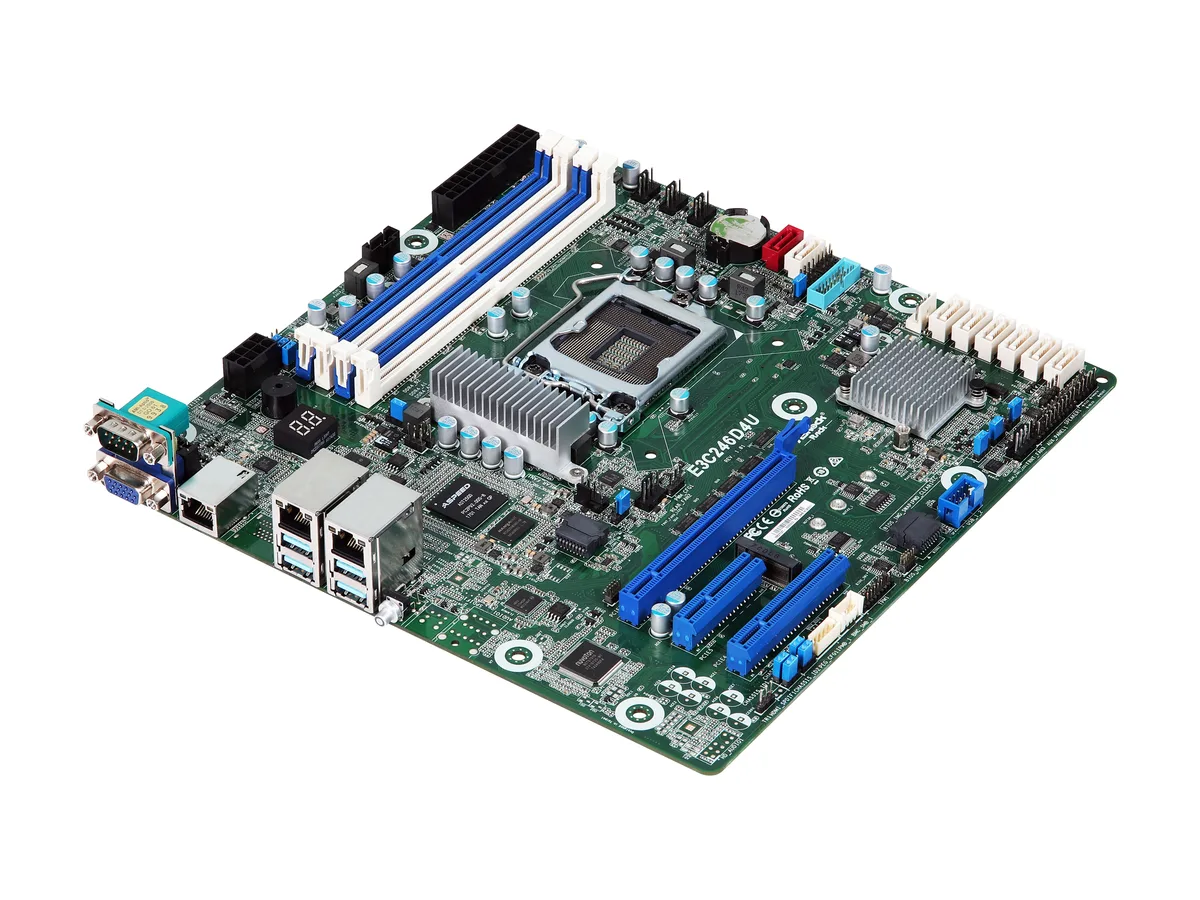 Green Micro ATX server motherboard with silver CPU socket, four black DDR4 slots, three PCIe expansion slots, six SATA ports
