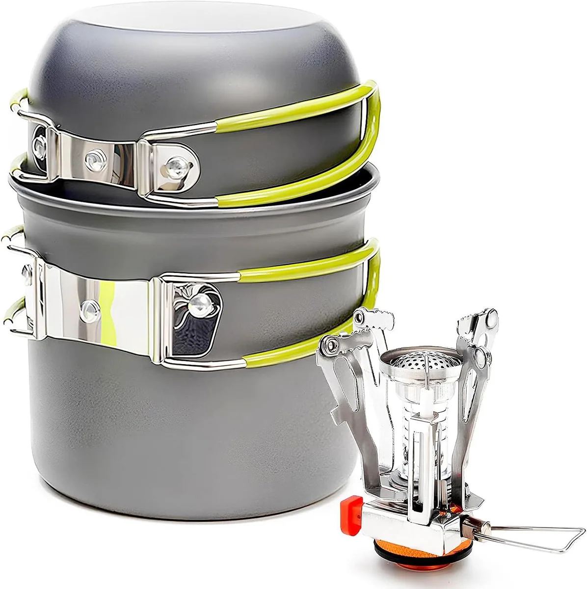 Compact camping cookware set with collapsible stove, two non-stick pots and mesh carry bag