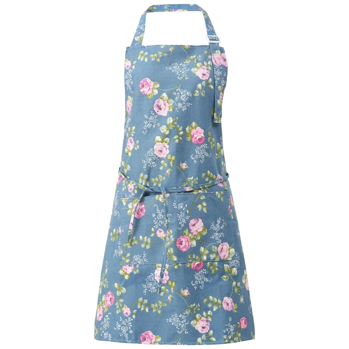 Blue cotton-linen apron with floral print and two front pockets
