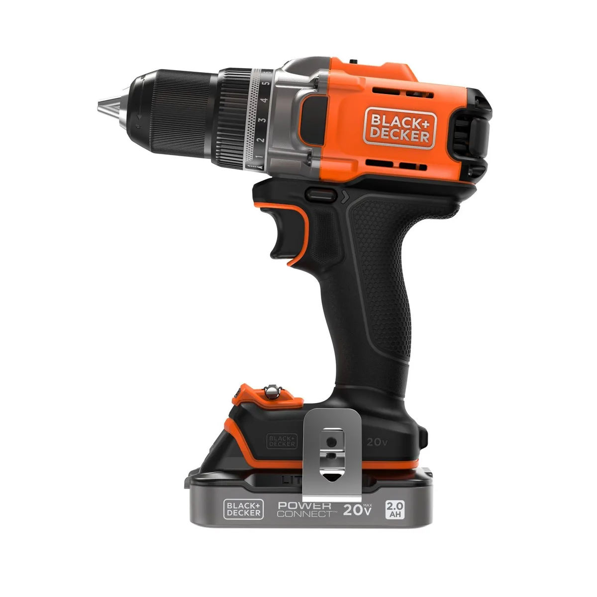 Black and yellow cordless drill with battery and charger kit