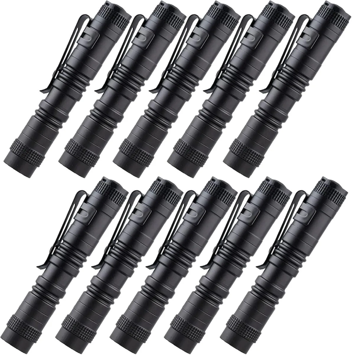 Ten silver pen lights with pocket clips on a white background