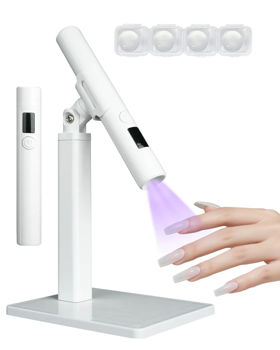 White mini UV LED nail lamp with 360 rotatable magnetic stand, USB powered, 15.01 cm long
