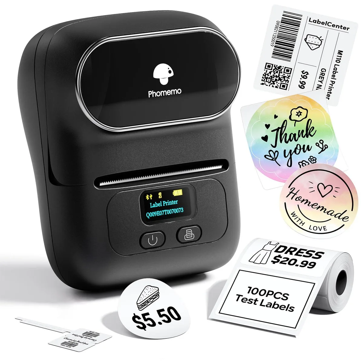 Compact white rectangular thermal label printer with small display screen and rounded edges