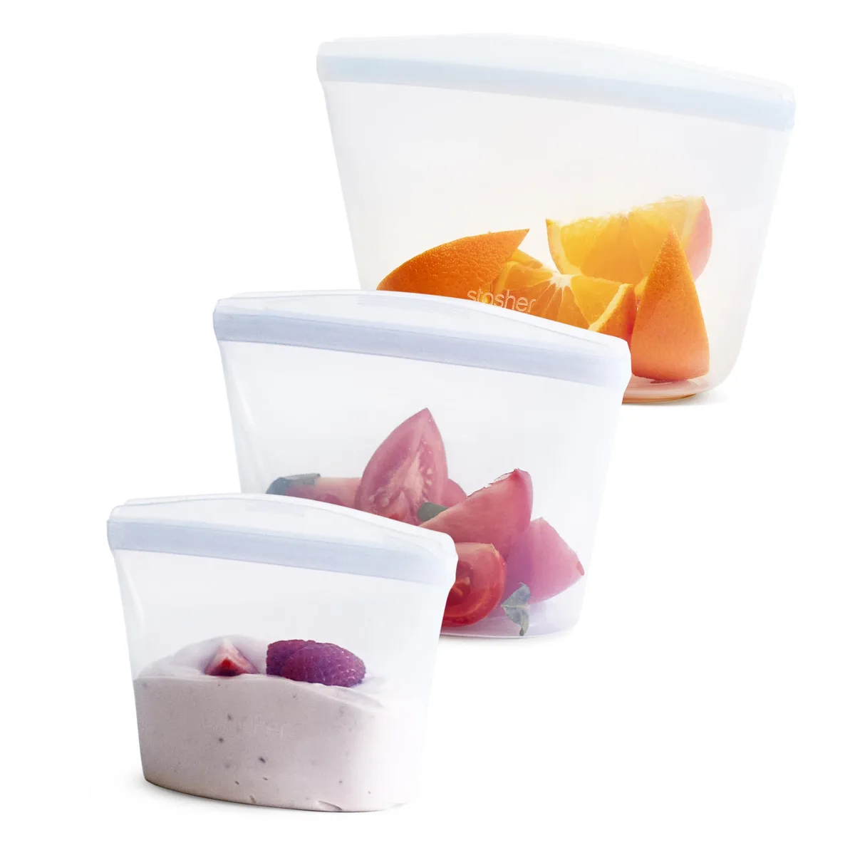 Three clear silicone bowls with pinch-lock seals, sizes 1 16 32 fl oz