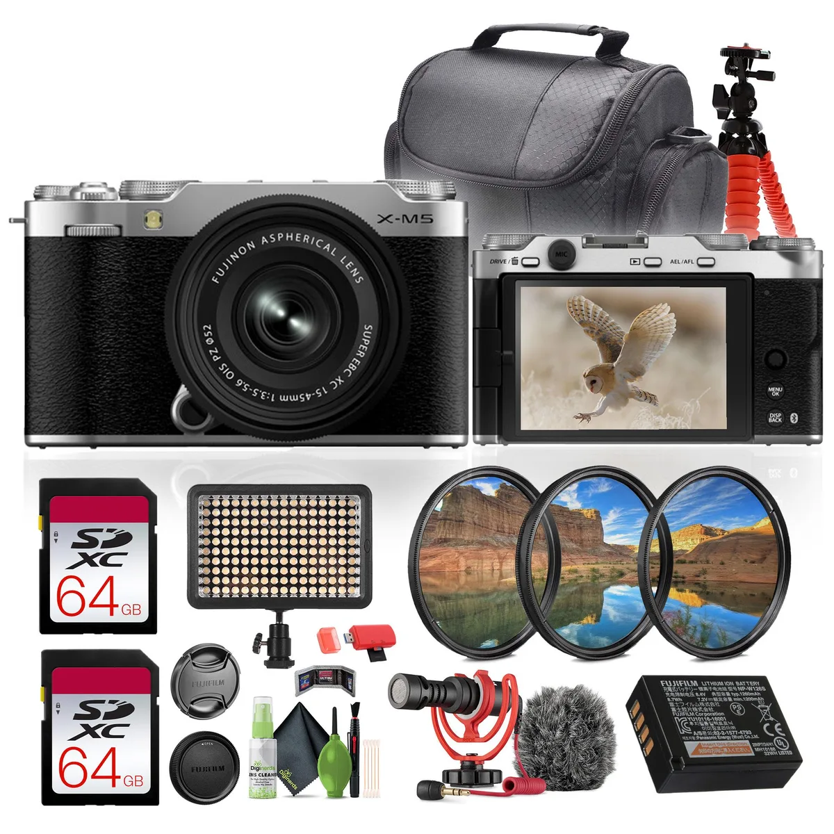 FUJIFILM FUJIFILM X-M5 26.1MP Compact Mirrorless Camera 15-45mm f/3.5-5.6 OIS Lens Rode Microphone Silver — product photo
