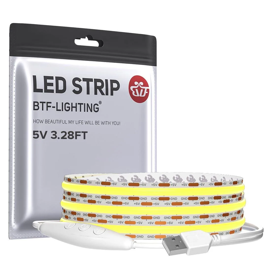 BTF-LIGHTING 5V COB LED Strip 2700K 3.28ft 640LED/m 8mm — product photo