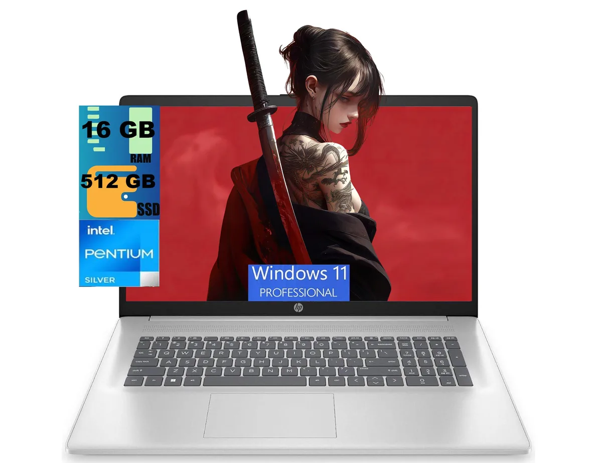 HP HP 17 laptop 17.3″ HD+ touchscreen Pentium Silver N5030 16 GB 512 GB SSD Windows 11 Pro — product photo