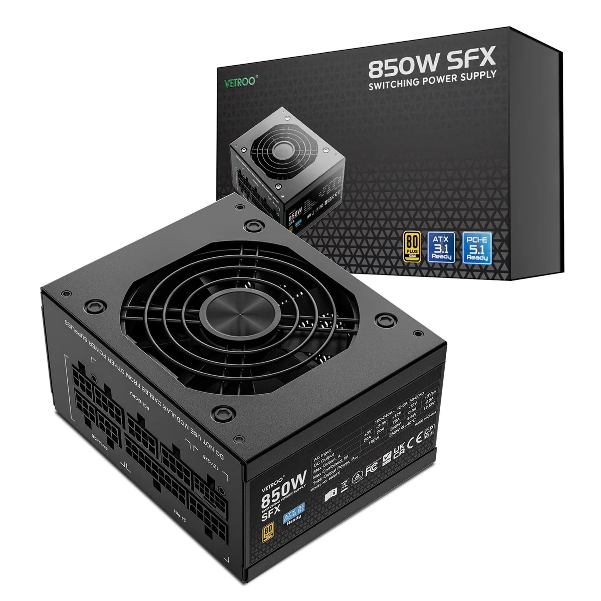Vetroo Vetroo 850W SFX power supply ATX 3.1 PCIe 5.1 80 Plus Gold Black — product photo
