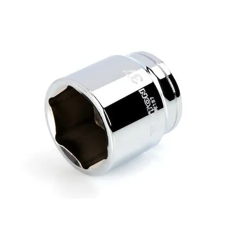 A polished chrome 37 mm 6-point socket with large stamped markings