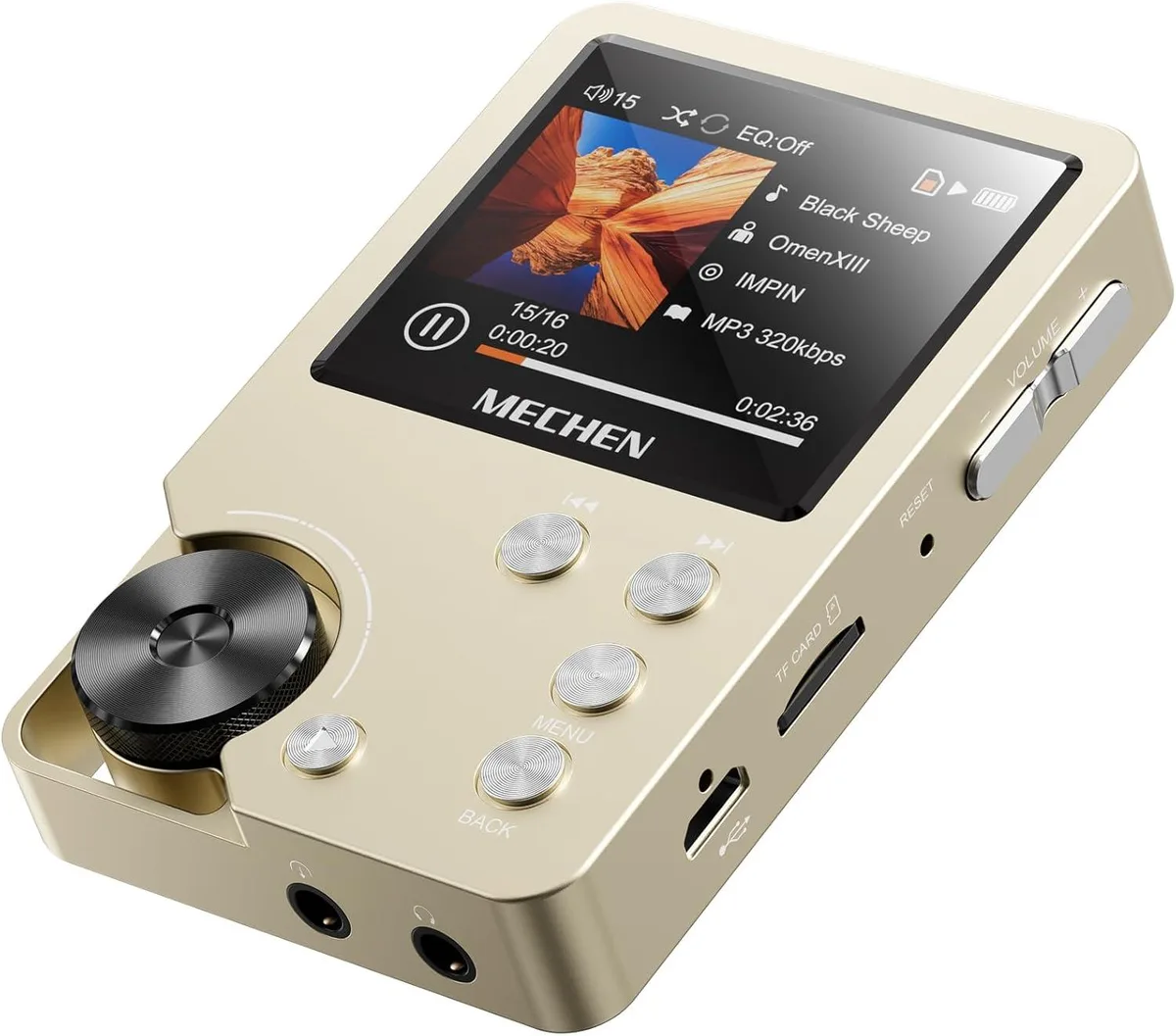 Gold aluminium portable music player with 2.0-inch screen and scroll wheel