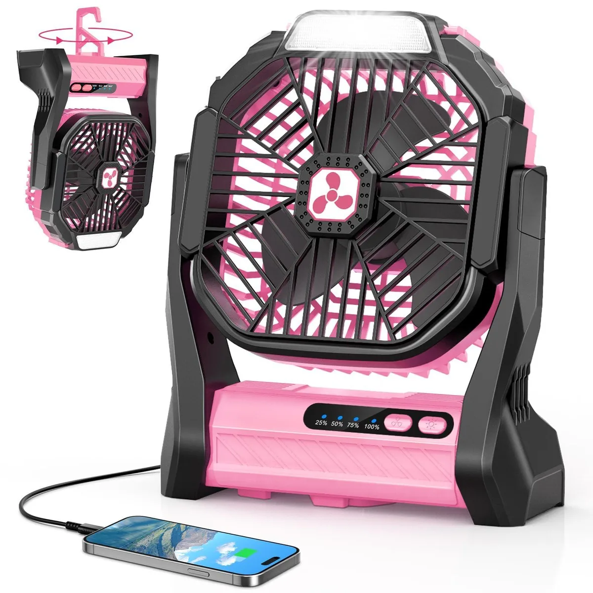 Pink portable table fan with three blades and LED lantern on top