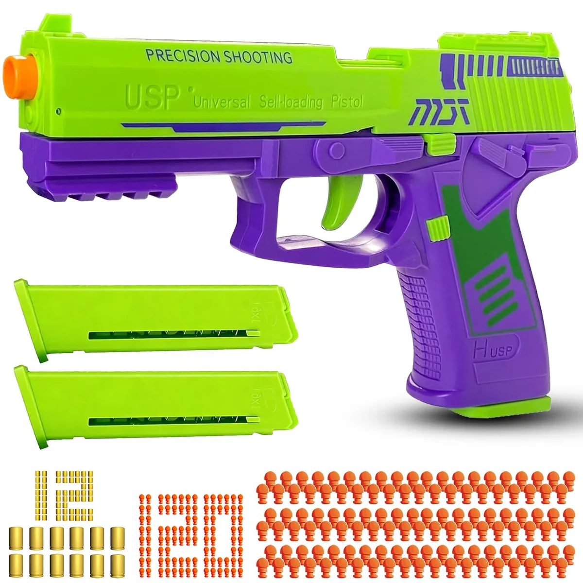 Orange-top plastic toy gun with magazines, shells, goggles and foam bullets