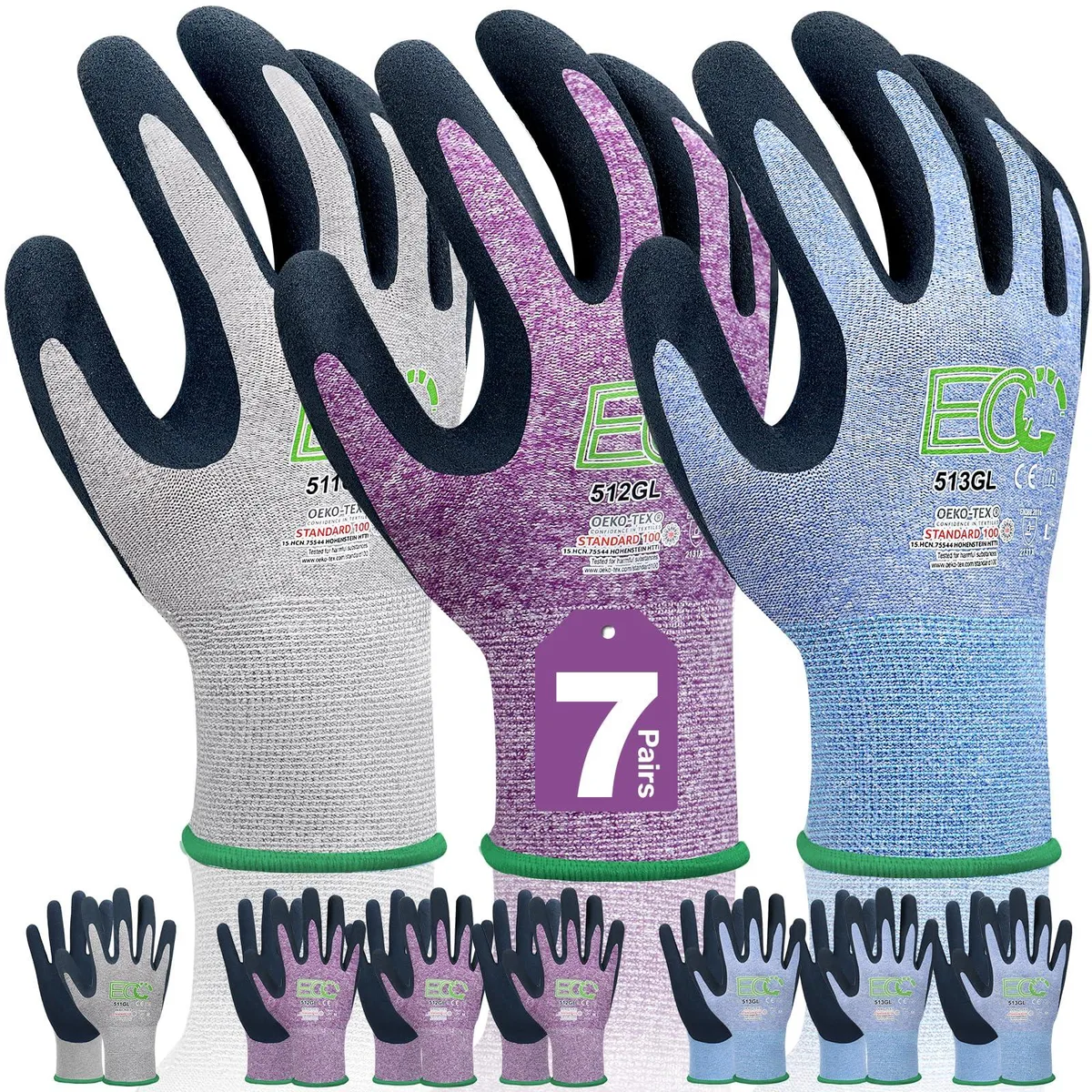 KANGLONGDA Garden-gloves-7pc-L gloves, 7 pairs, EN388 2131X, large, blue — product photo
