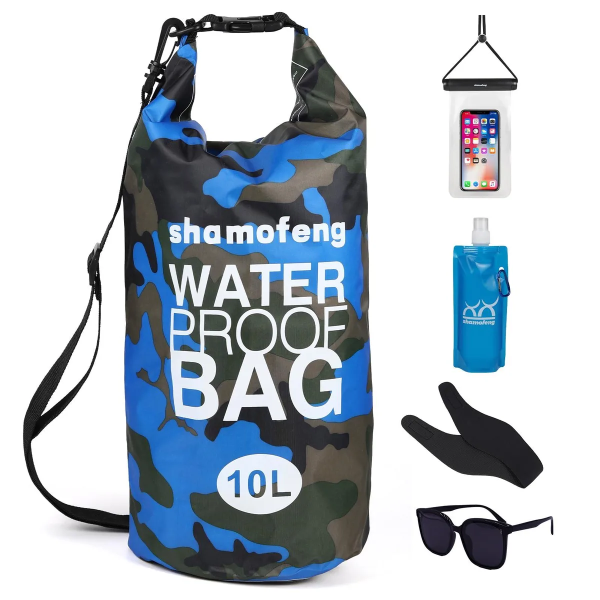 Black 10L roll-top waterproof backpack with adjustable shoulder straps