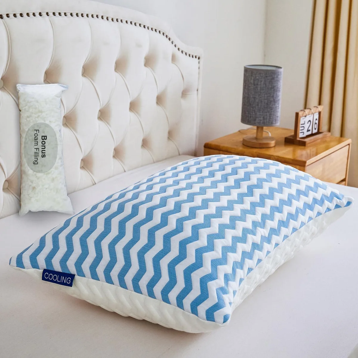 Blue queen-size shredded memory foam pillow with adjustable fill, 29 by 19 inches