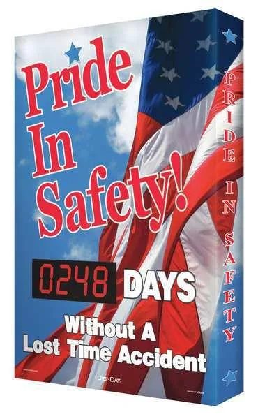 Blue rectangular electronic scoreboard 28 by 20 inches displaying safety days count
