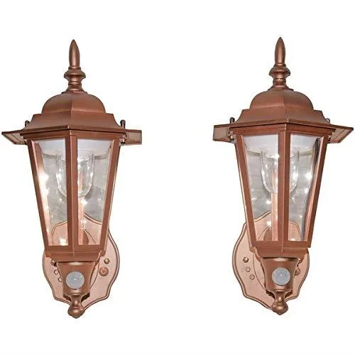 Two bronze plastic LED wall sconces with motion sensors, battery powered
