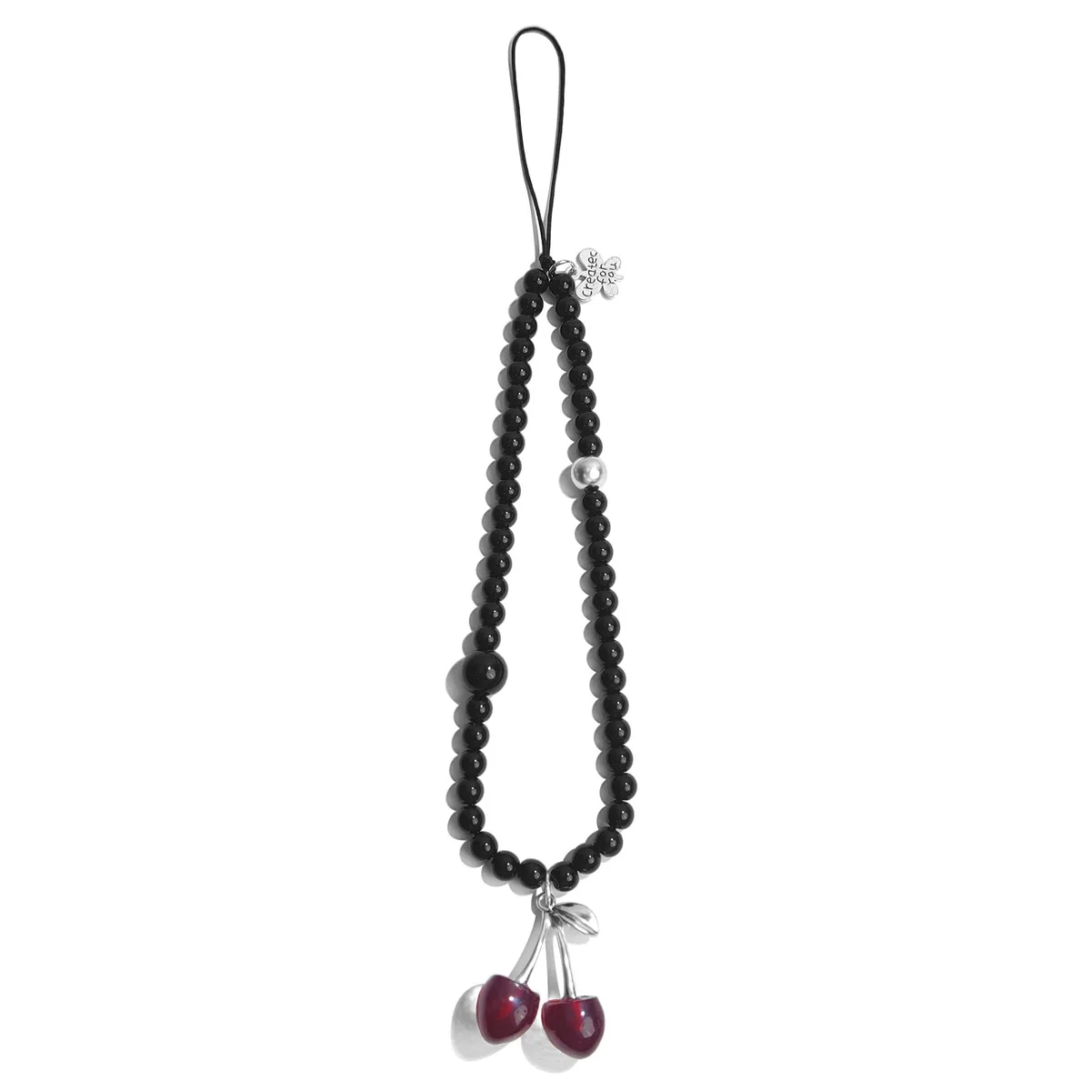 Black cherry phone lanyard with butterfly and flower charms on nylon strap