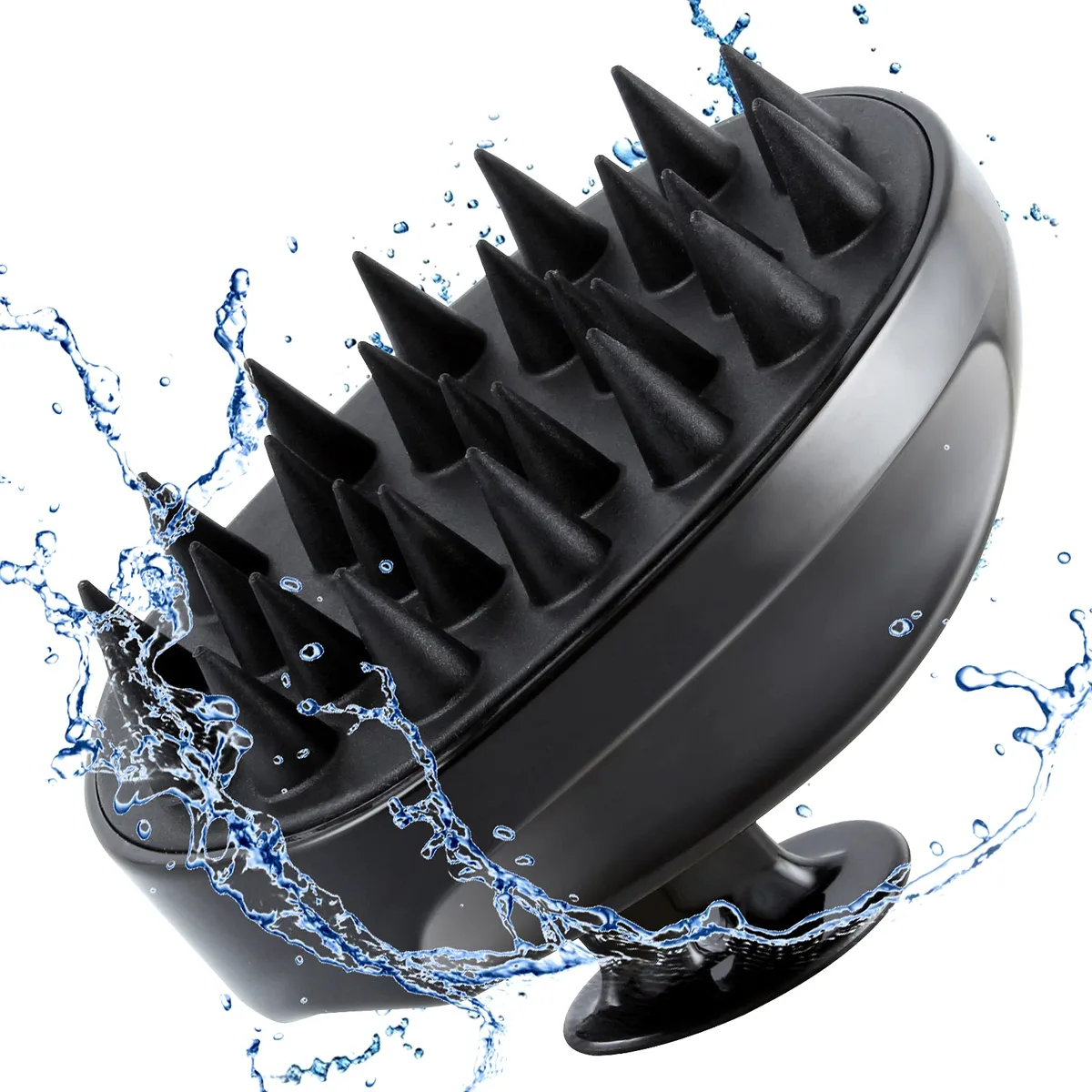 Blue silicone scalp scrubber with flexible bristles, fits in palm
