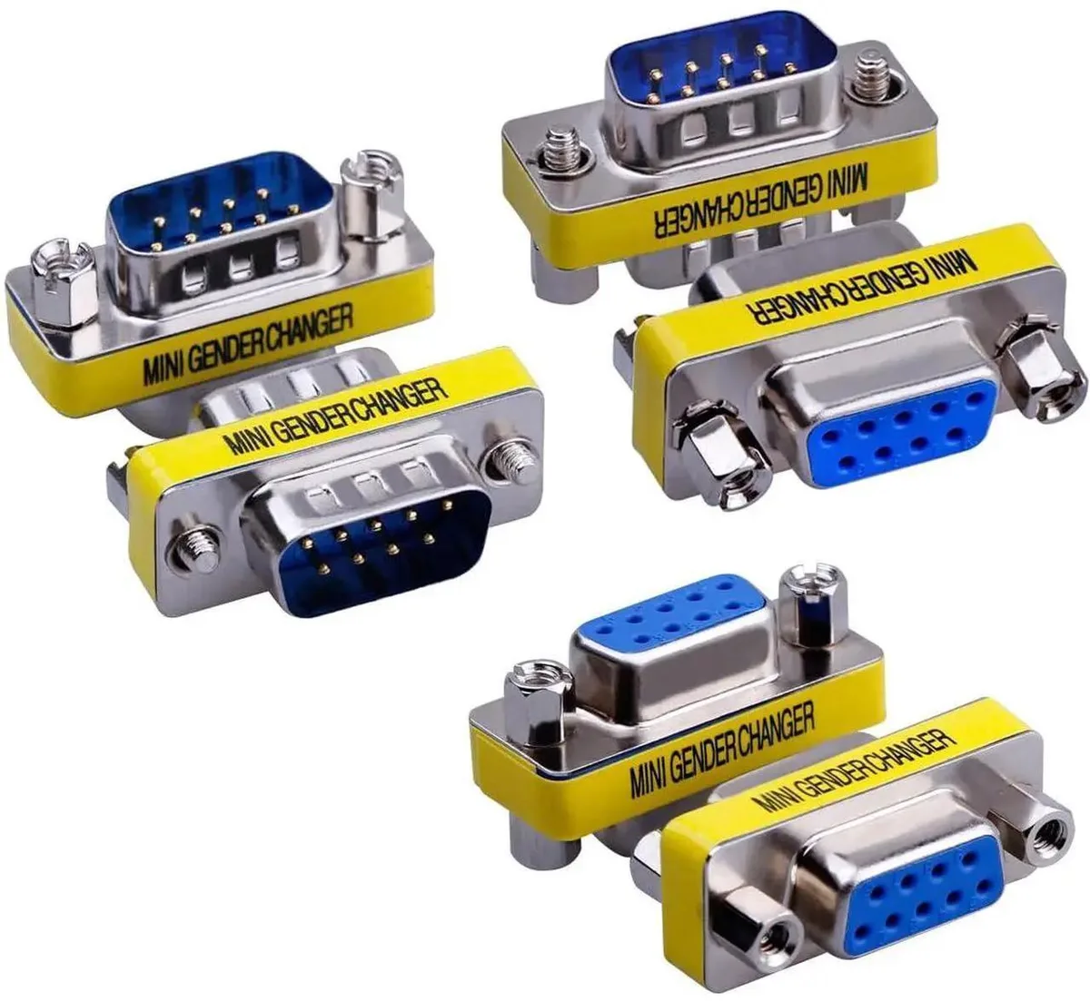 Six nickel-plated DB9 gender changers, three male-to-male and three female-to-female, compact rectangular form