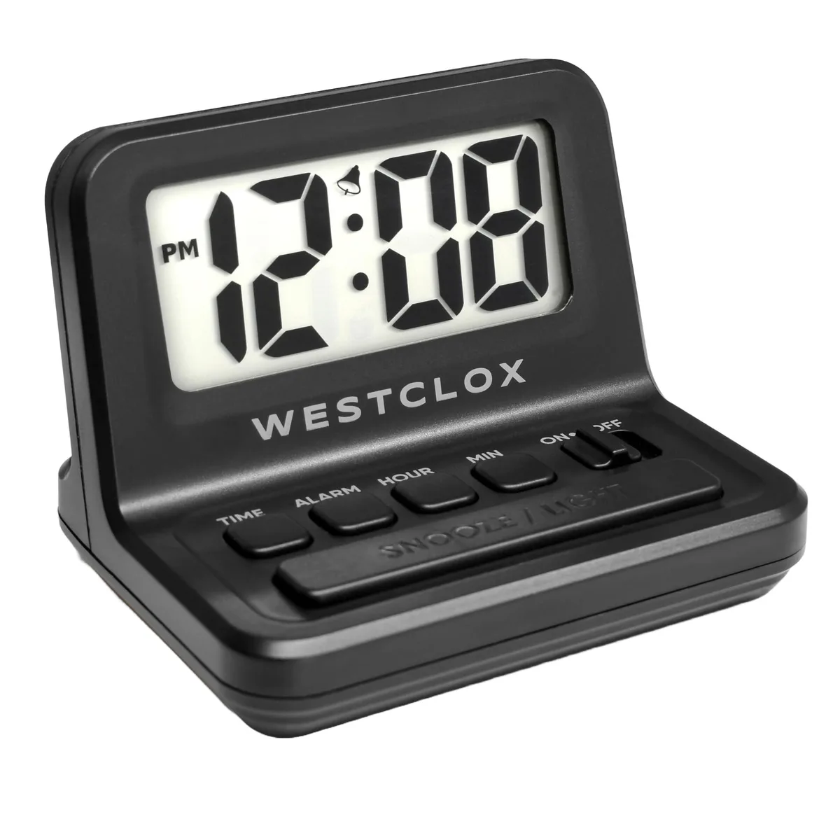 Small black cube digital alarm clock with white backlit LCD display