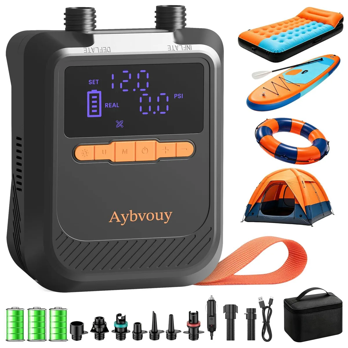 Aybvouy DM72G1 rechargeable SUP pump 12 pack, compact ABS housing with LED light, nozzles and cables in storage bag