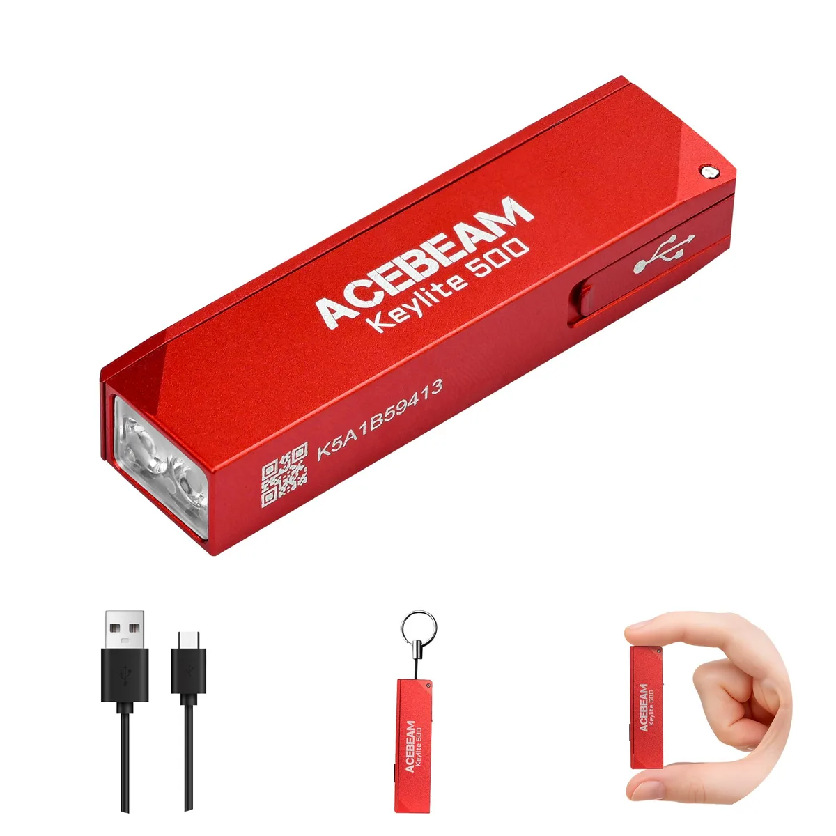 Small red rectangular aluminium keychain flashlight with Type-C port